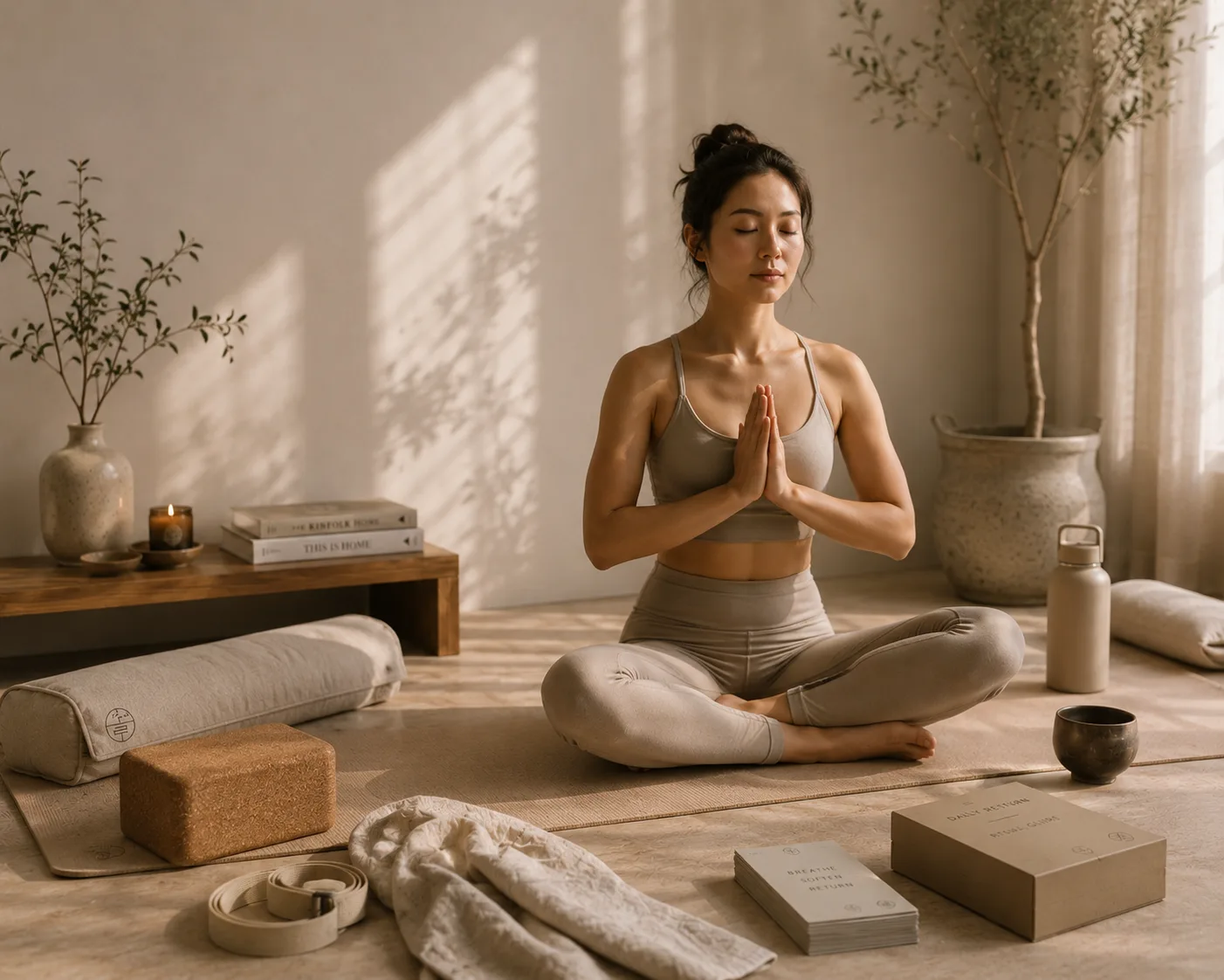 A woman seated in a calm namaste pose among ritual goods